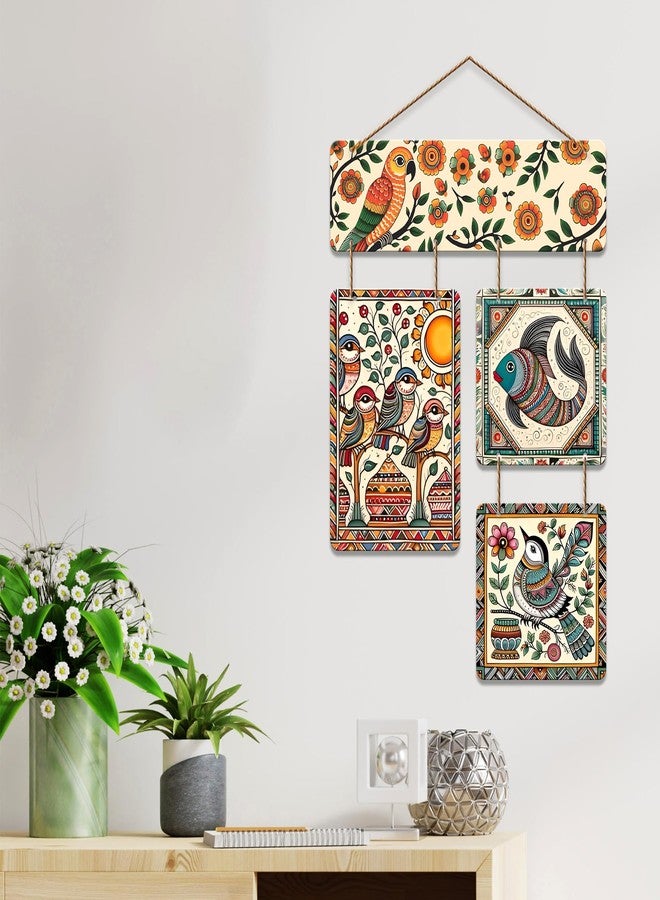 Artvibes Sparrows & Fish Ethnic Indian Folk Art Decorative Wall Art MDF Wooden Wall Hanger for Living Room | Wall Accent | Sceneries | Aesthetic Wooden Decor | Graphic Artwork | Ideal Gifts (WH_6539N) - Image 2